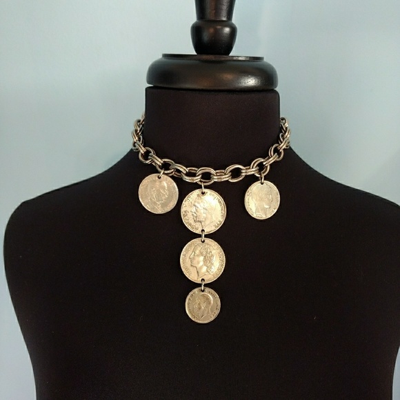 Vintage Jewelry -  Vtg. French Coin Choker Bib Necklace